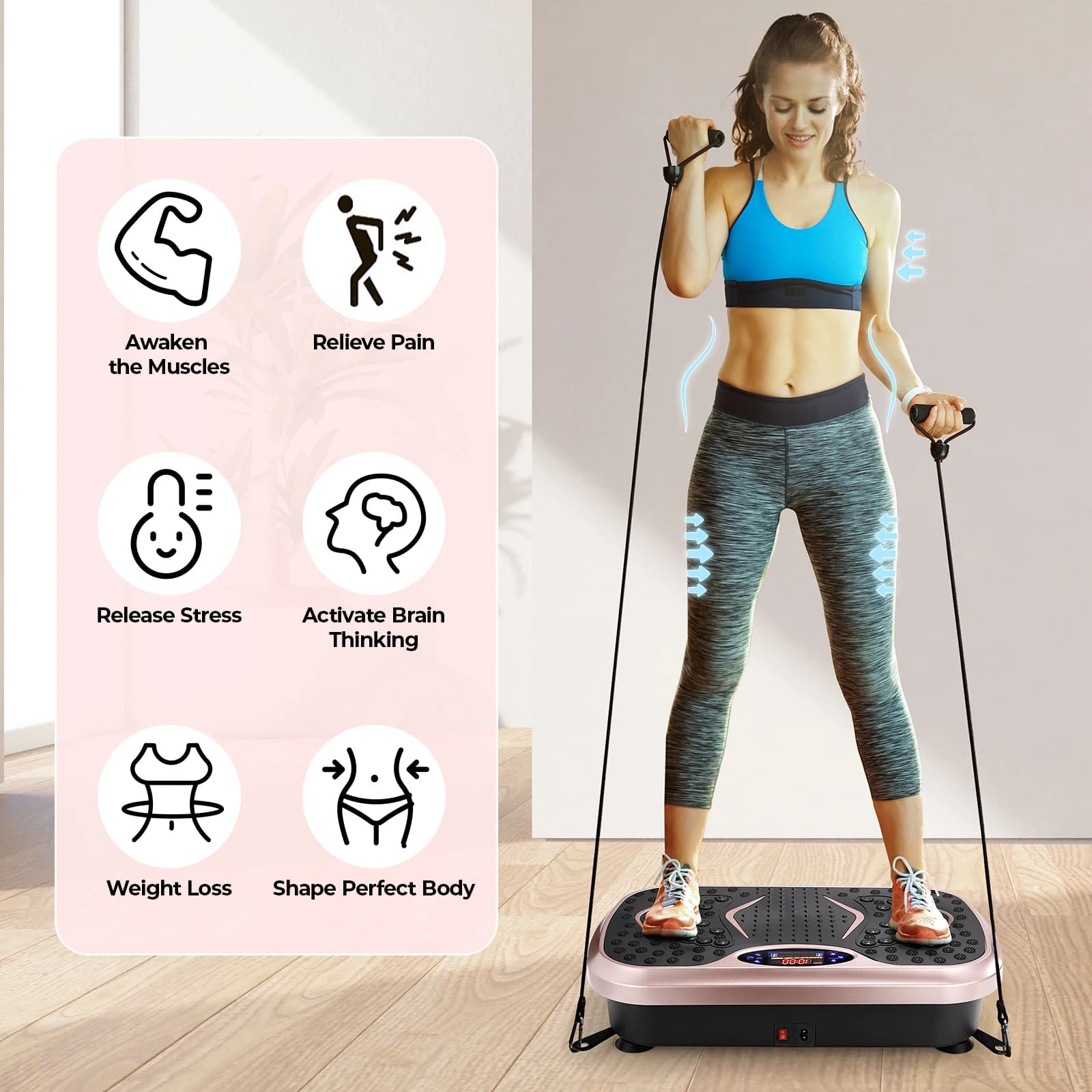 Macchina per esercizi con piastra vibrante - Piattaforma fitness vibrante per allenamento per tutto il corpo con fasce ad anello - Attrezzatura per l'allenamento domestico