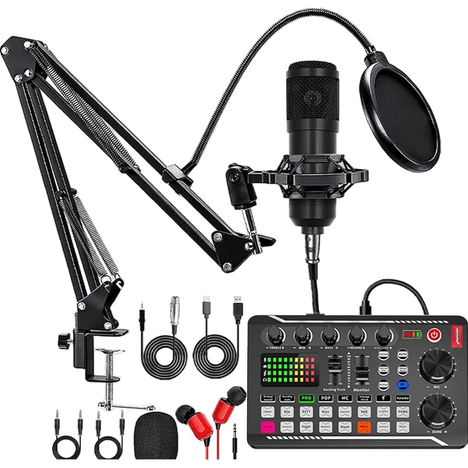 Kit Microfono per Podcast con Scheda Audio, Mixer Audio, Cancellazione del Rumore, Mixer DJ, Modificatore di Voce per Registrazione in Studio e Trasmissione