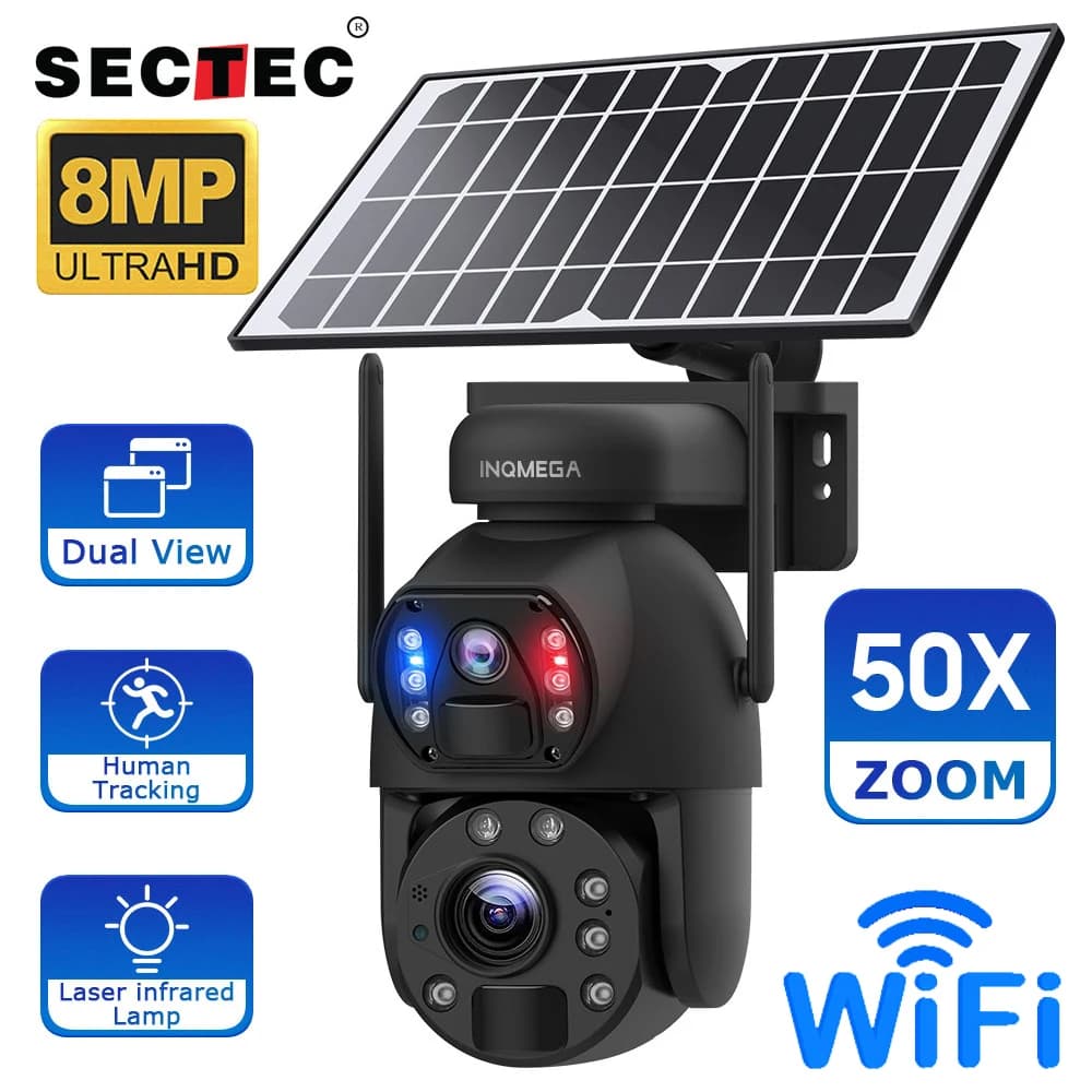 Telecamera solare SECTEC 50X ZOOM 8MP 4G SIM 360 ° Telecamere di sicurezza per batterie WIFI con tracciamento umano a doppia lente per esterni Visione notturna PIR