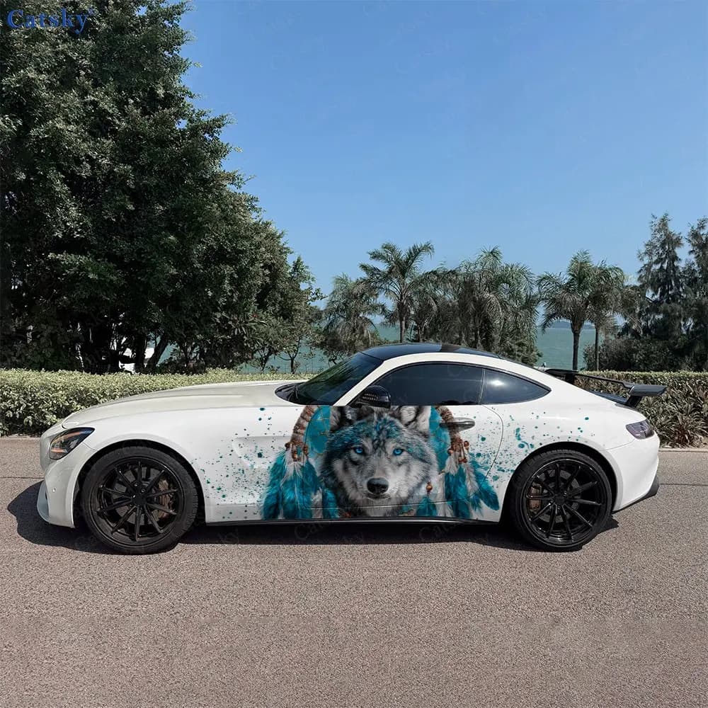 2pcs Wolf With Feather Dreamcatcher Car Side Wraps, Self-Adhesive PVC Waterproof & Scratch-Resistant Sticker, Car Accessory Gift