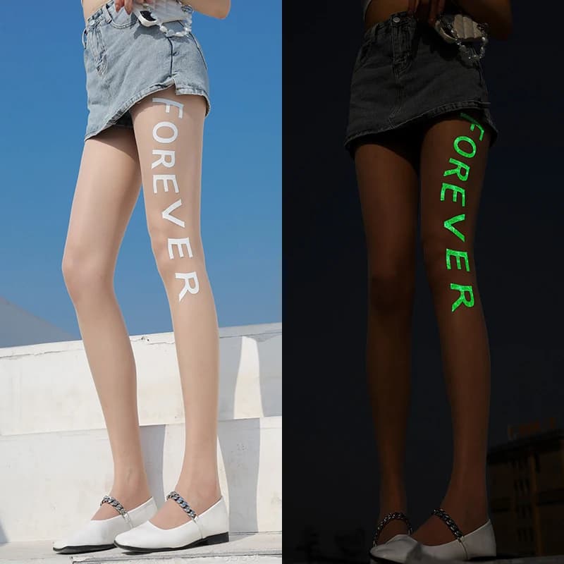 Sexy Women's Stockings Luminous Letters Printing Tights Thin Transparent Female Pantyhose Noctilucent Leggings Stockings Letter