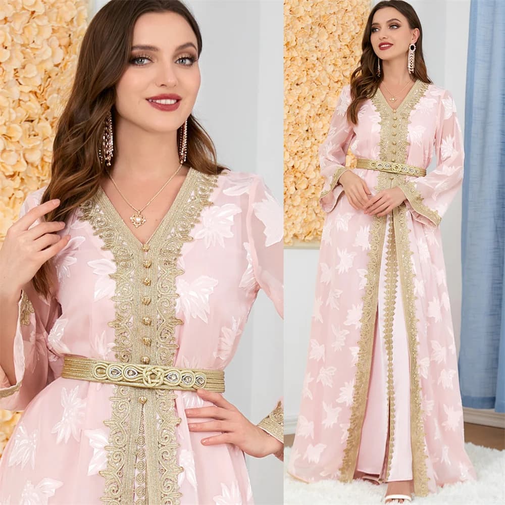 2pcs Moroccan Kaftan Muslim Women Evening Party Dress Set Islam Clothing Eid Ramadan Dubai Turkey Abaya Jalabiya Caftan Robe New