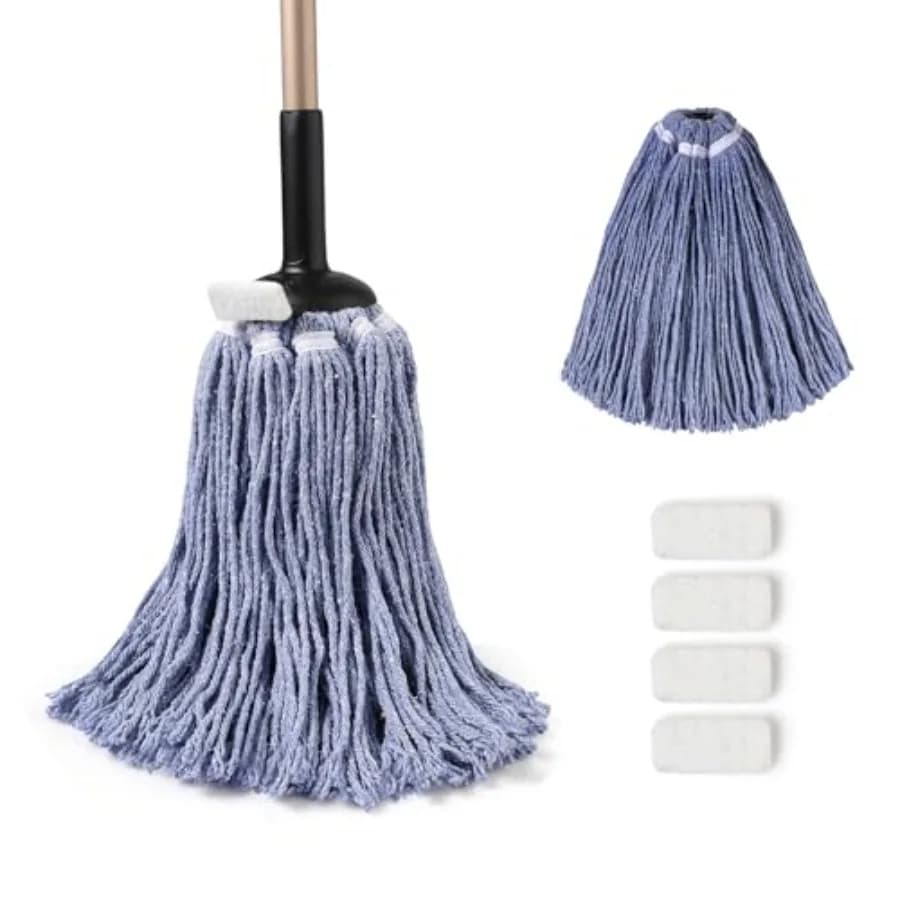 Heavy Duty Floor Mop, Non-Touch Replacement, 2 Reusable Cotton Heads, 4 Scouring Pads, Industrial Wet and Dry Mops for Home and