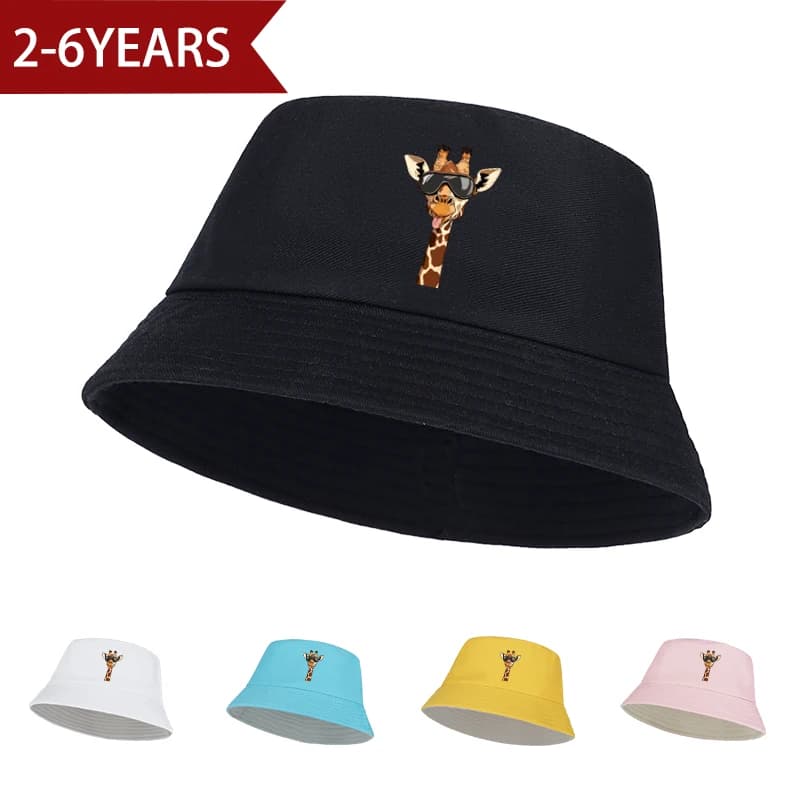 Cappello da pescatore per bambini dai 2 ai 6 anni: cappello da sole unisex con stampa giraffa in stile occhiali da sole per l'uso all'aperto e in spiaggia dei bambini