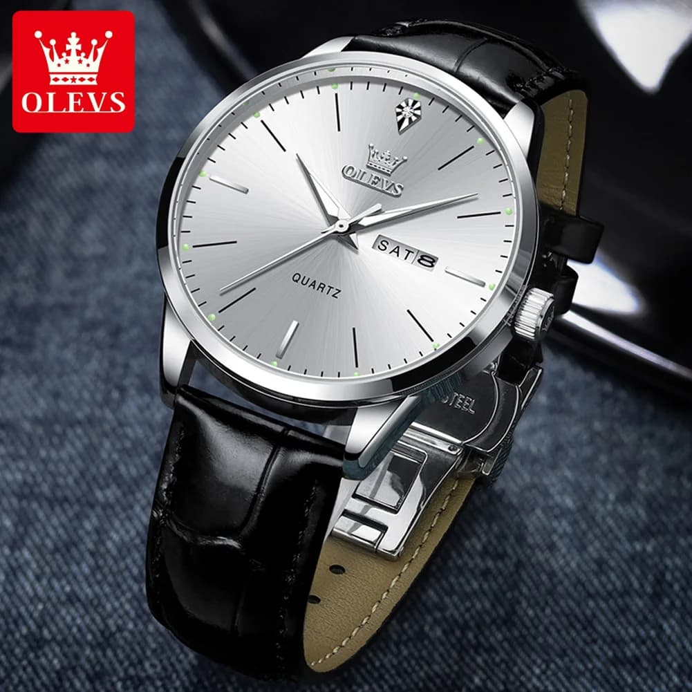 OLEVS 2935 Orologio da uomo Fashion Business 43mm Quadrante grande Orologio da uomo in pelle Calendario Settimana Orologio al quarzo formale da uomo di marca di lusso