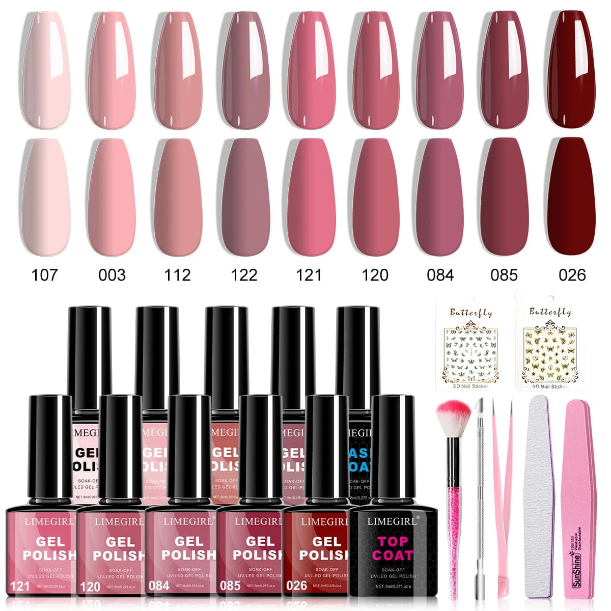 LIMEGIRL Set di smalti per unghie gel a 9 colori Smalto per unghie rosa glitterato UV LED Soak Vernice Gel con adesivo a farfalla Set di smalti per unghie in gel
