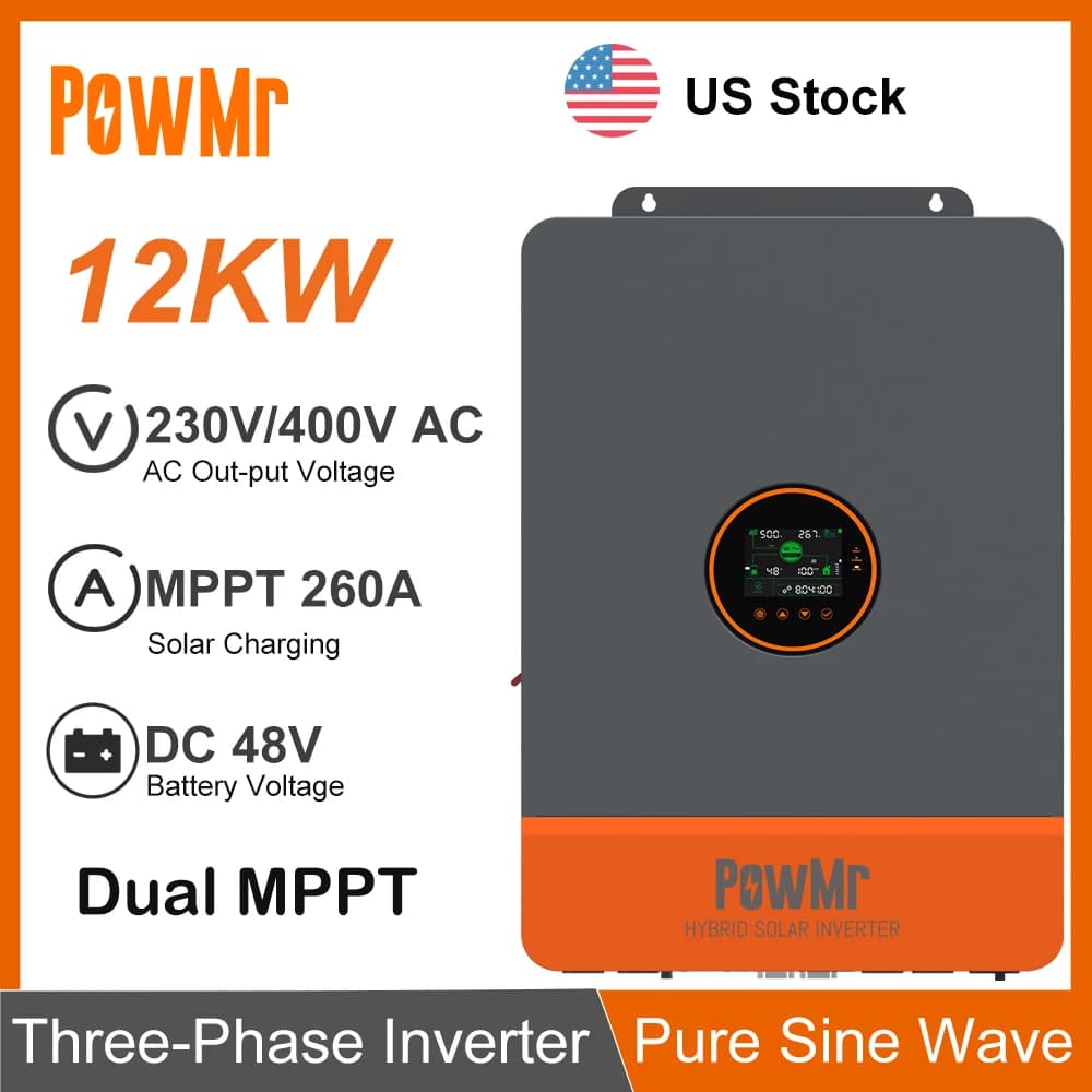 Inversor ibrido solare trifase da 12KW DC 48V a 230/400Vac con controller caricabatterie doppio MPPT da 260A Due ingressi fotovoltaici adatti per Lifepo4