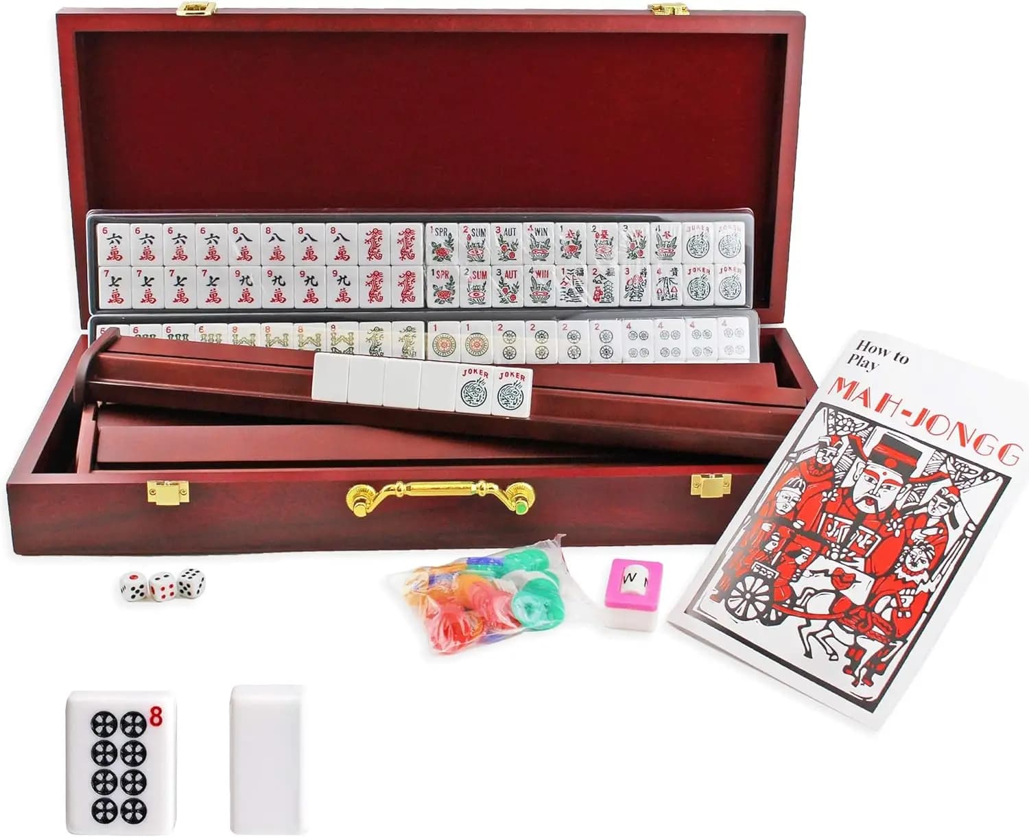 Set Completo di Mahjong Americano con 4 Spingitori, 166 Tessere, Valigetta in Legno