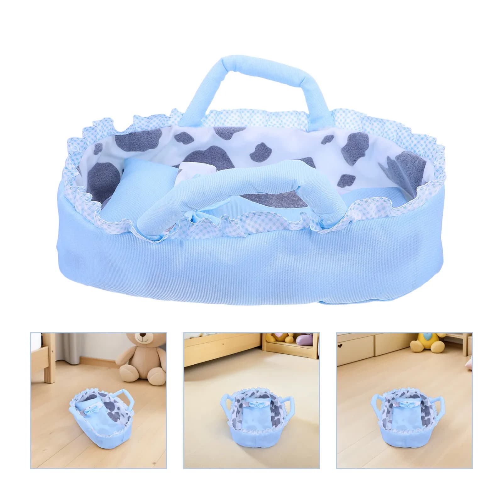 Culla per Bambole Reborn 35Cm, Lettino Portatile, Coperta, Cuscino, Mini Mobili per Casa delle Bambole, Gioco di Ruolo, Giocattolo Culla Blu per Bambini