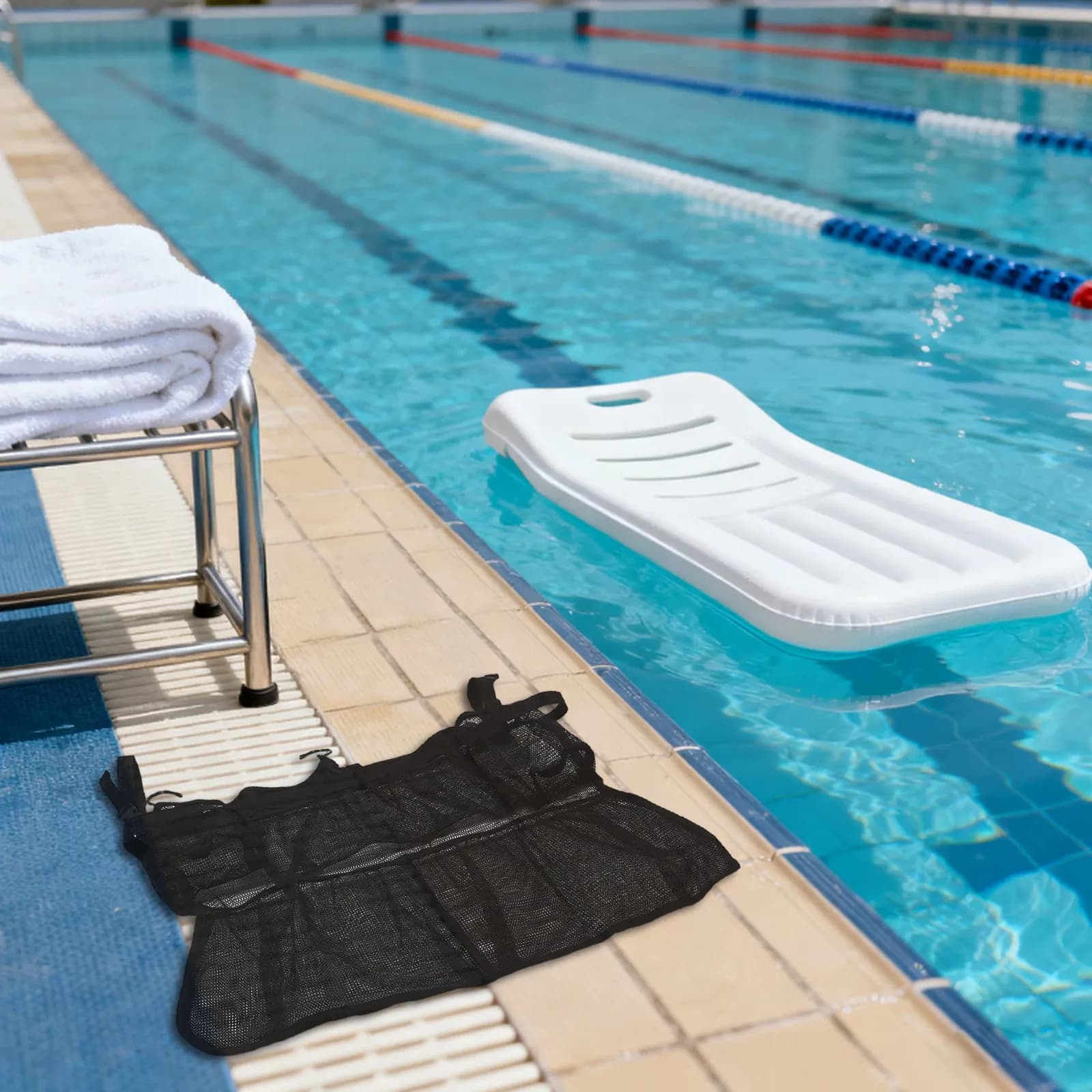 Borsa porta scarpe da trampolino in rete nera 24x20, organizer da appendere con ganci e tracolla regolabile, porta telefono e occhiali da sole per piscina