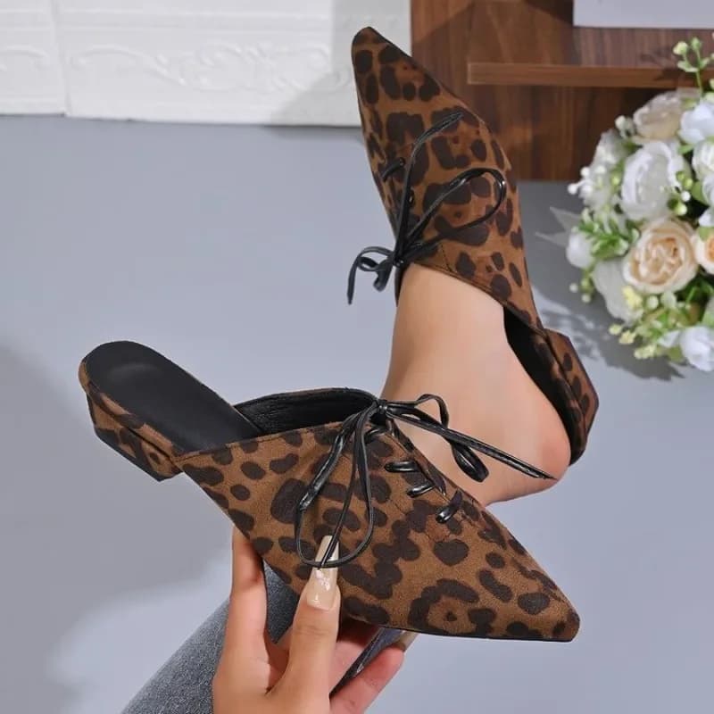 Scarpe da donna in camoscio con stampa leopardata, punta a sacchetto, allacciate, con tacco largo, alla moda, a punta, a scollo basso, antiscivolo, ciabatte a punta a sacchetto