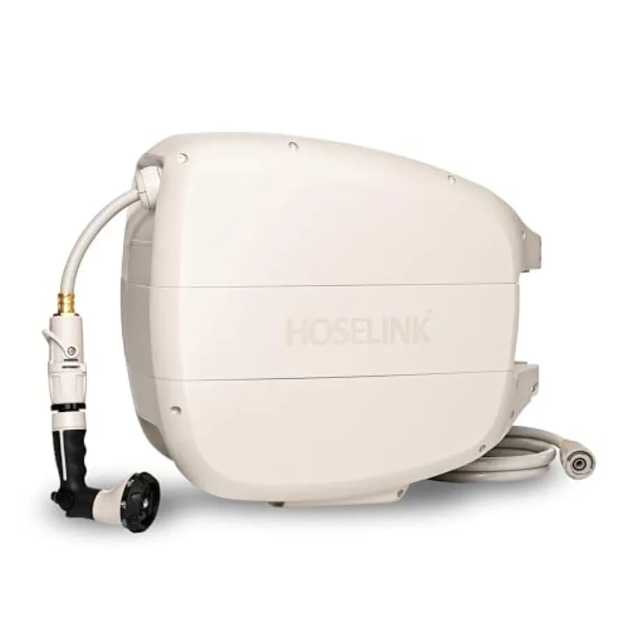 Avvolgitubo da Giardino Retrattile Beige Evolve da 30 Metri, Resistente, con Riavvolgimento Automatico e Blocco, Montaggio a Parete Girevole a 180 Gradi, per Irrigazione
