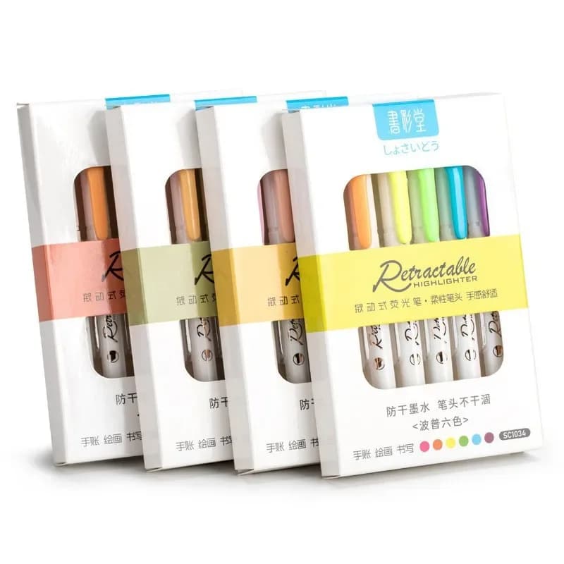 6Colors/set Morandi Retractable Highlighters Fluorescent Pen Manga Markers for Drawing Doodling Coloring Kawaii Stationery