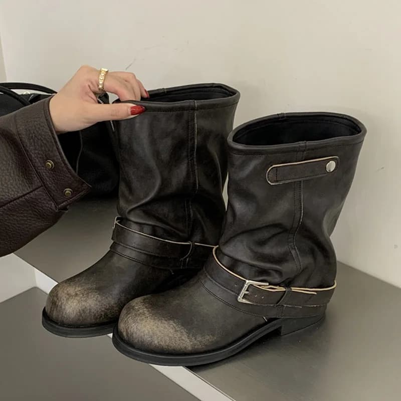 Aneikeh Spring Autumn Retro Western Women Ankle Boots Belt Buckle Modern Booties Fashion Round Toe Square Low Heels Shoes