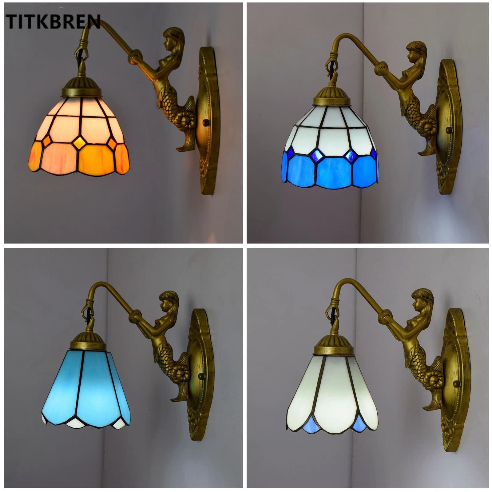 Lampada da parete Tiffany Fashion Sirena Lampada da parete da comodino per camera da letto Lampada frontale a specchio in vetro colorato mediterraneo Sconce E27 LAMPADINA A LED