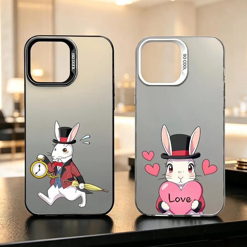 Custodia per telefono colore argento per iPhone 17-11 Pro Max/Plus, cover opaca anti-impronta antiurto P-White Rabbit Mad Hatter