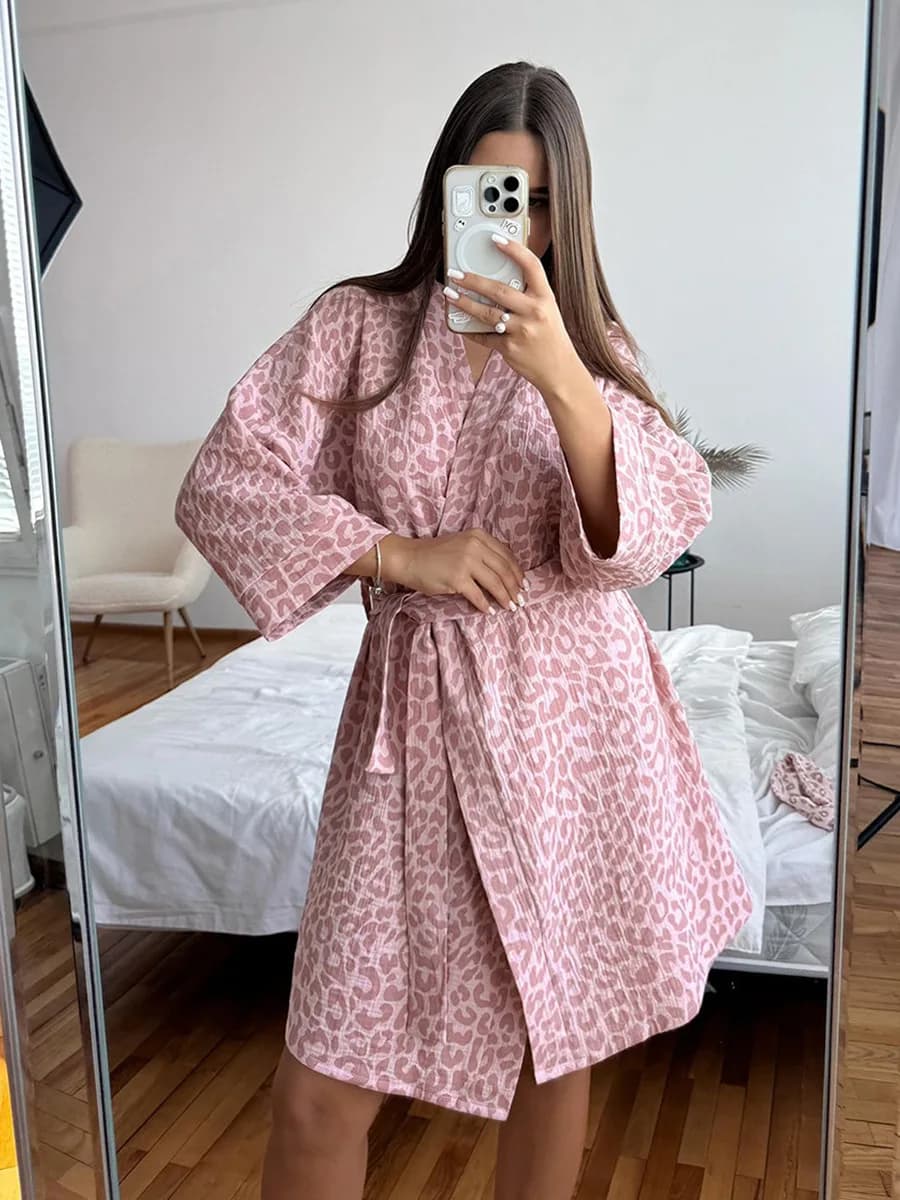 Muzuleva 100% cotton pink print leopard gown pajamas spring new cardigan pyjamas comfortable clothes for house women's night shirts