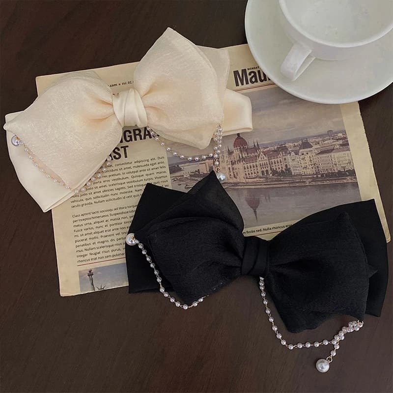 Fermaglio per capelli coreano francese in raso con perle e fiocco, fermaglio a molla di alta gamma per capelli, accessorio elegante per capelli da donna