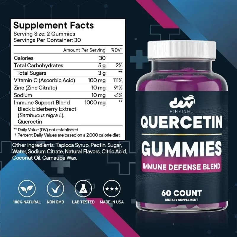Quercetin+Zinco+Vitamina C Soft Candy Supplement, containing elder, vitamins flavonoids, immune support vegetarian soft candies