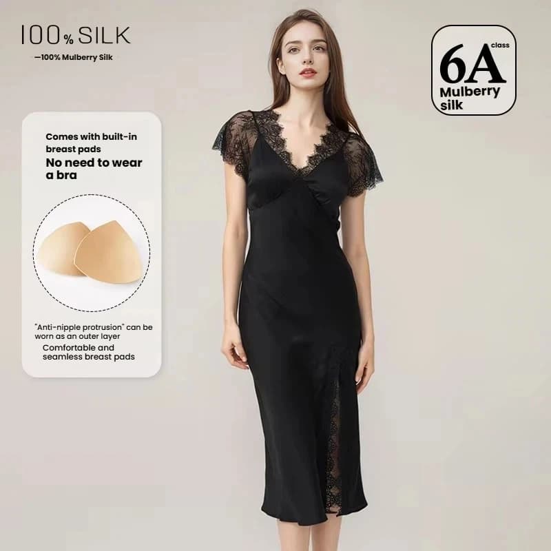 Camicia da Notte Sexy in Seta di Gelso 19 Momme con Spacco e Imbottitura sul Petto, Abito da Notte per Donna