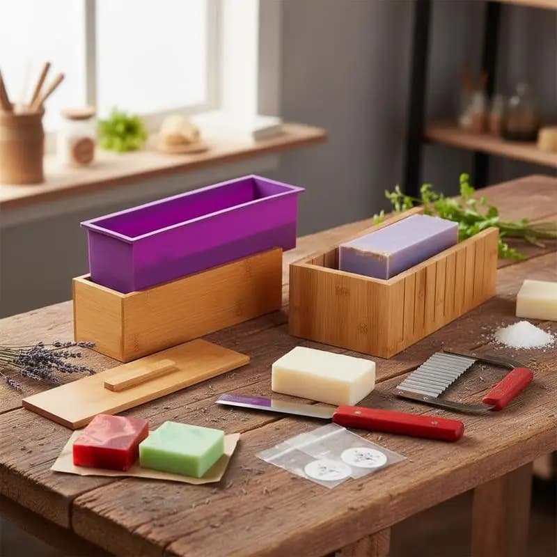 Handmade Soap Crafter Set 11" x 3" x 3.5" For DIY Projects Gift Creation Home Hobby, Bamboo Slicer Box Silicone Liner Mold, Straight Scraper Wavy Blade 100 Packaging Bags 105 Labels, Wood Rectangular Tool Supplies Set