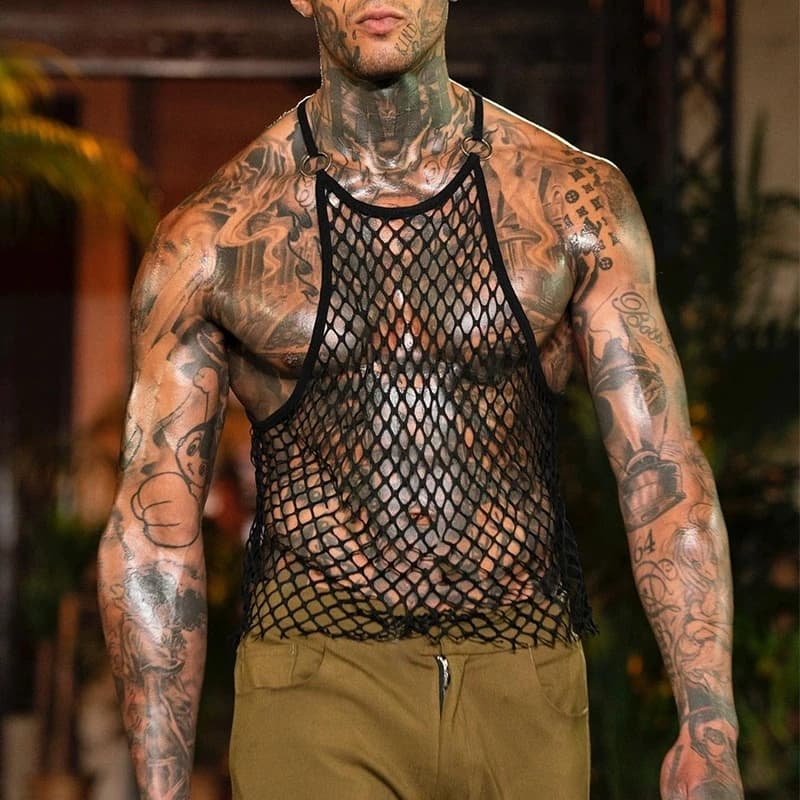 Gilet da pesca da uomo alla moda, gilet trasparente in rete, gilet in rete traspirante e traslucido a forma di I, abbigliamento da uomo alla moda