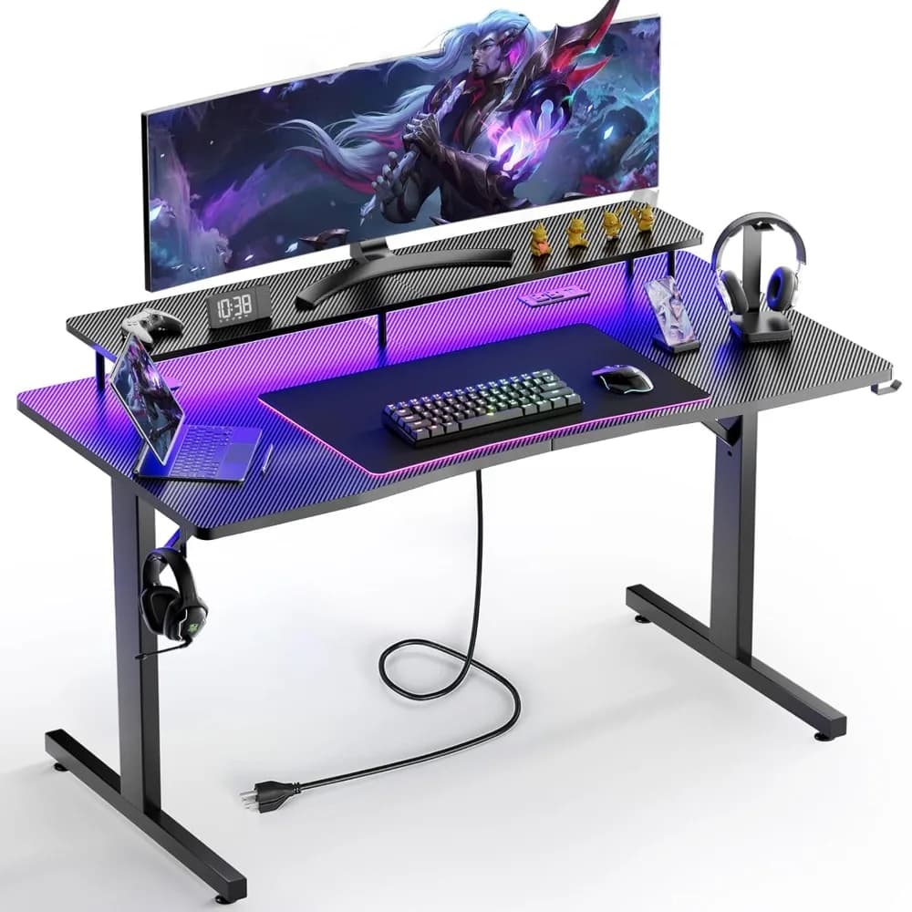55 Inch Gaming Desk with LED Lights & Power Outlet, Computer Gamer Desk with Monitor Stand, Customized