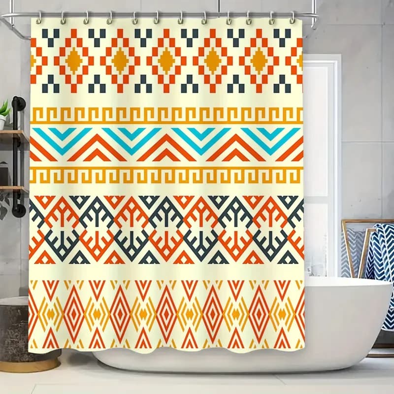 Set di tende da doccia geometriche moderneAuto per tappetino da bagno colorato e brillante per accessori da bagno in arancione, blu giallo dimensioni 180 x 234