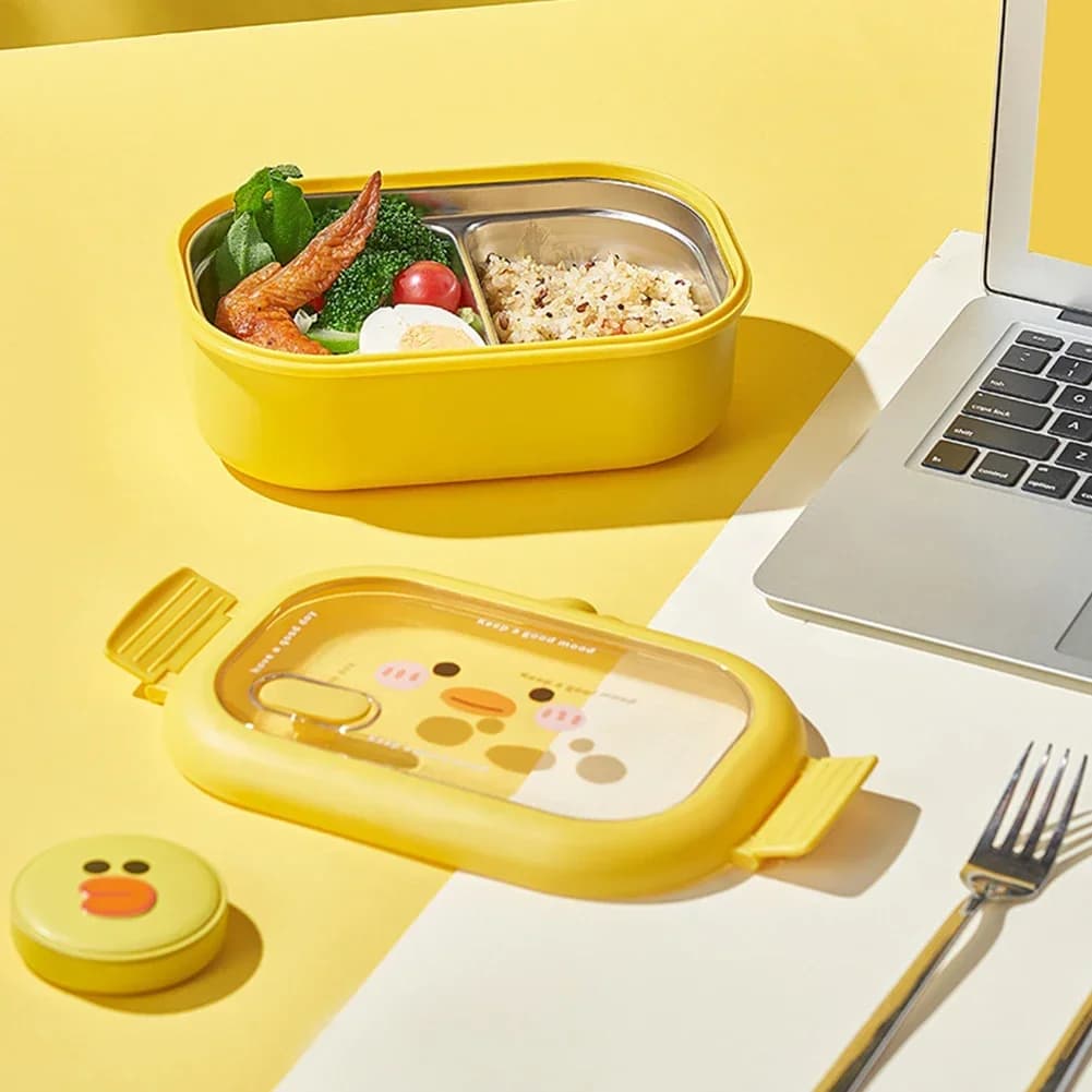 Bento Box per bambini in acciaio inossidabile Kawaii, contenitore per alimenti portatile, guarnizione a clip bifacciale, 2 scomparti per batterie