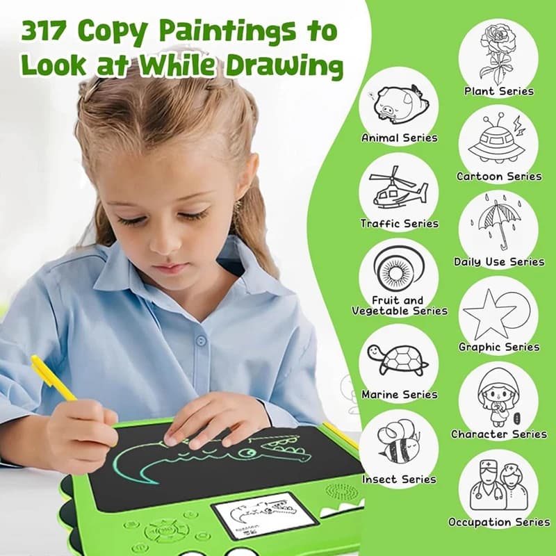 Tavoletta da scrittura LCD Lavagna per doodle a forma di dinosauro con disegno a colori Schermo per l'apprendimento Suono Riutilizzabile Scrittura elettronica Pad-A74P