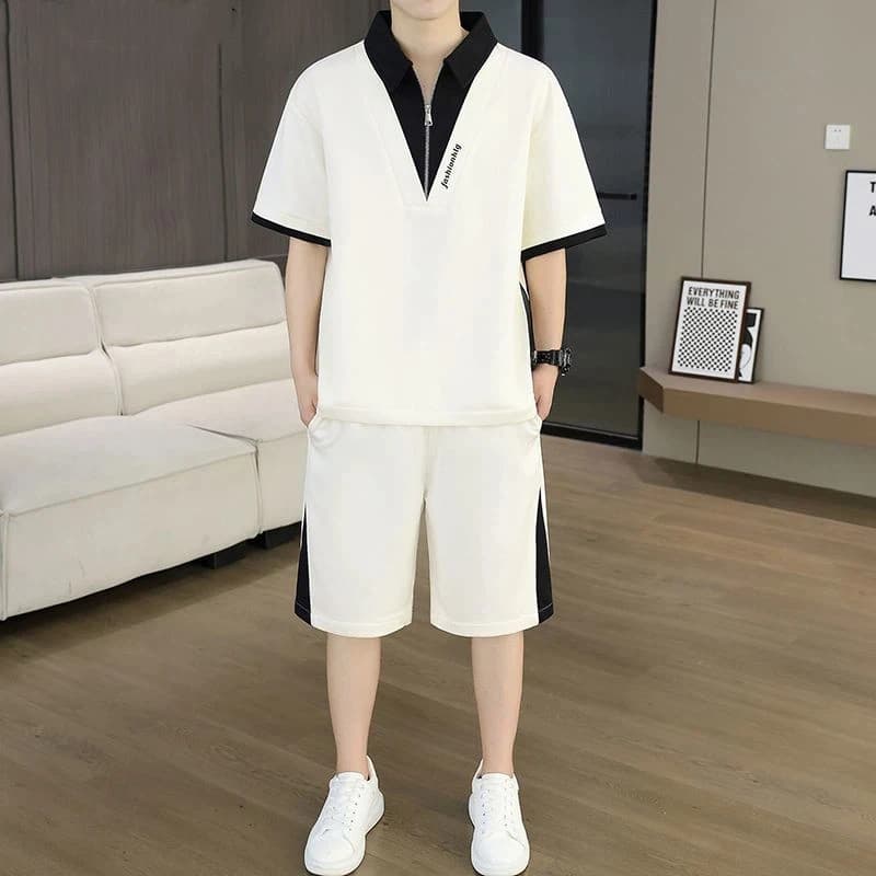 Summer men's new style short-sleeved T-shirt and shorts set, fashionable polo shirt, trendy casual, breathable sports clothing