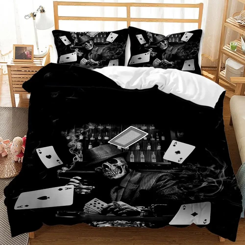 Set copripiumino con teschio Set biancheria da letto doppia floreale rosa Stampato San Valentino Copripiumino in poliestere con teschio gotico di Halloween