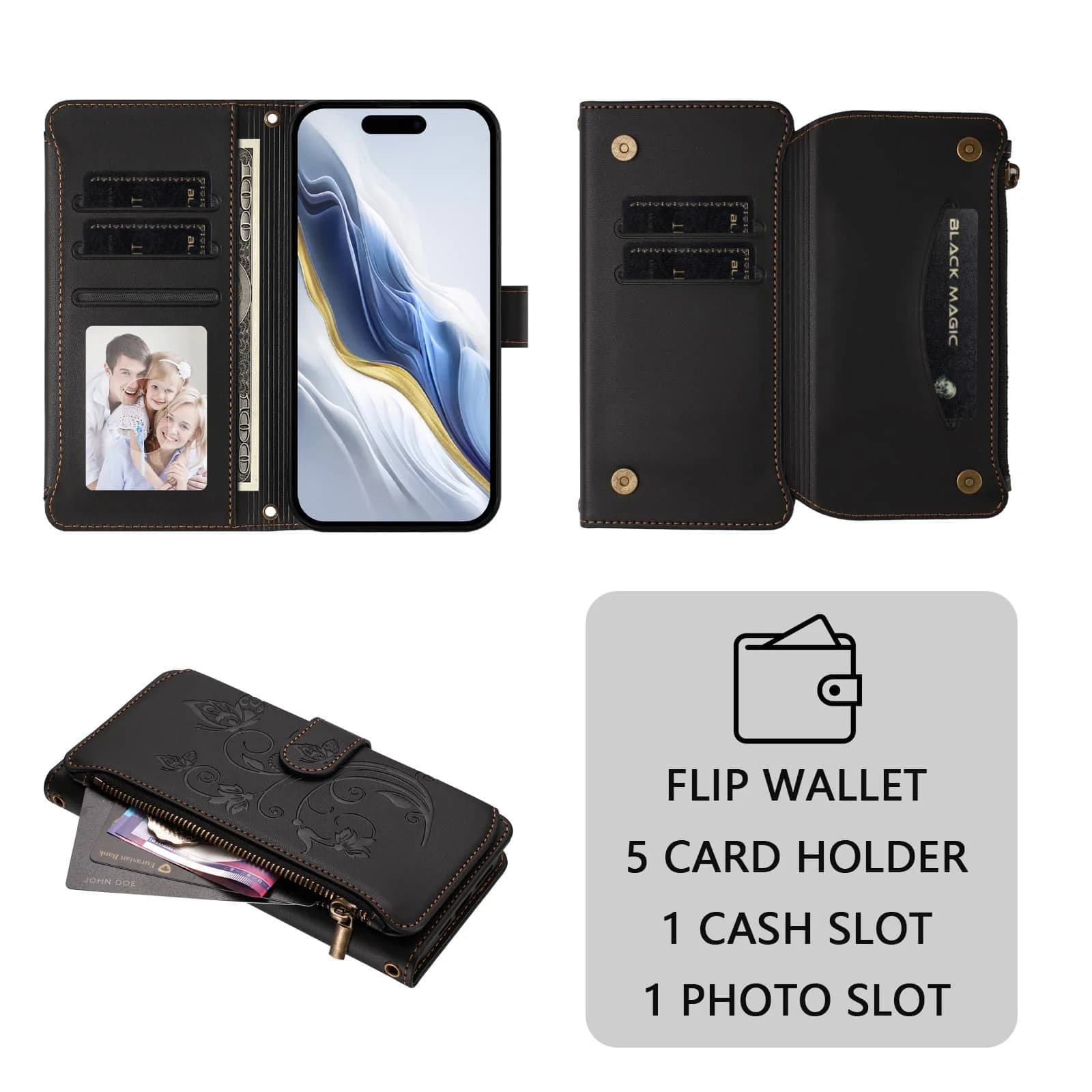 Per iPhone 16e 16 15 Pro Max 16 Plus Custodia, Custodia a portafoglio con fiore con blocco RFID, cerniera, slot per schede, copertura per cinturino da polso
