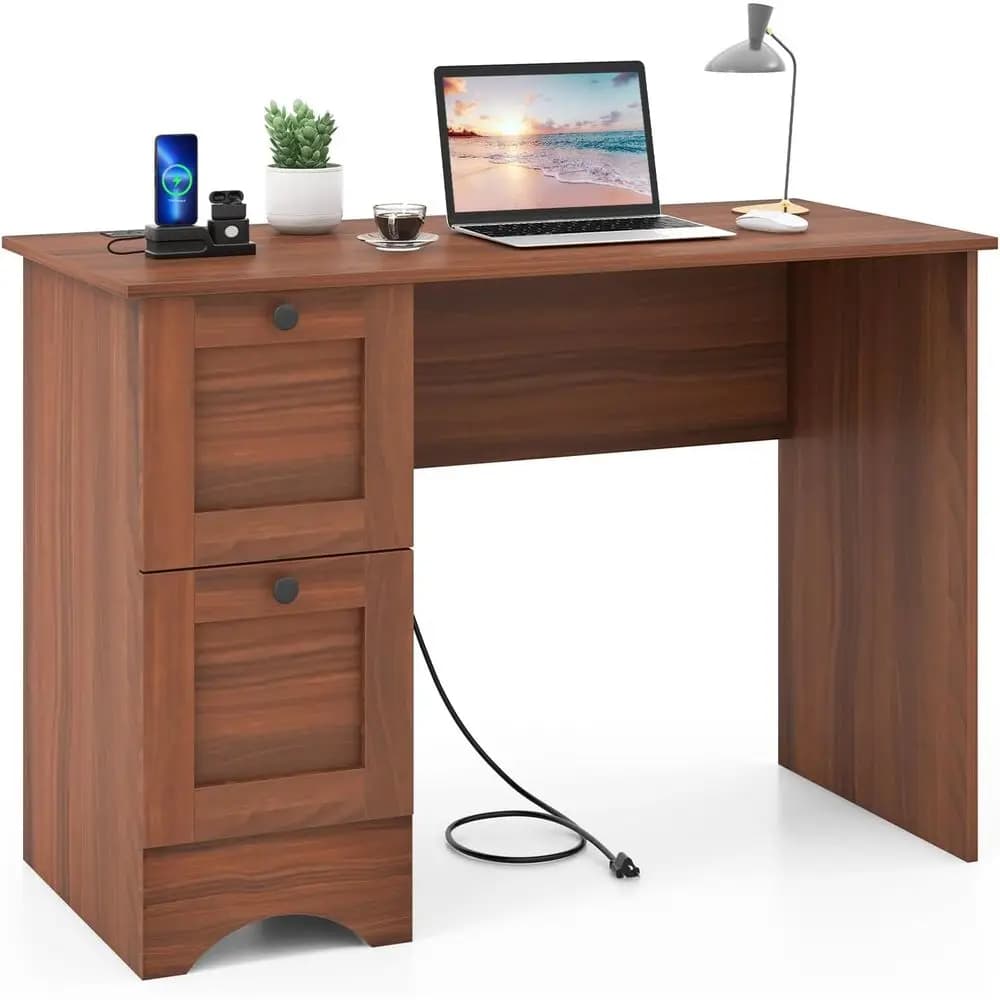 Wooden Compact Desk with Drawers and Charging Station, Ideal for Home Office and Study, Suitable for PC, Laptop, and Notebook Us