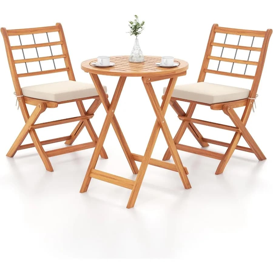Tangkula Set da bistrot in legno da patio da 3 pezzi Set di sedie da tavolo pieghevoli con cuscini morbidi Sedie portatili con schienale alto e struttura in legno di acacia