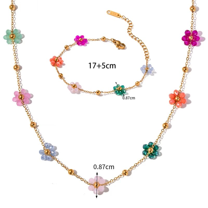 Boho Candy Color Crystal Five Petal Flower Beaded Jewelry Set Adjustable Extension Chain Necklace Bracelet Teen Girls Jewelry
