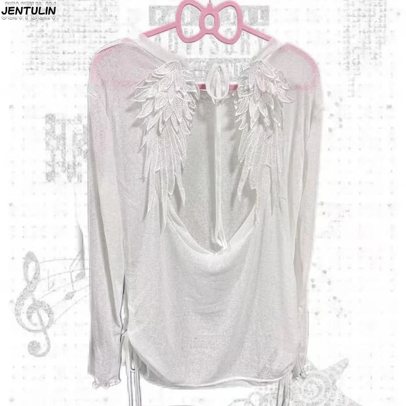 Pure Backless Wing Knitted Cover Shirt Thin, Breathable Drawstring Slimming Long-Sleeved Sun Protection Cardigan for Women