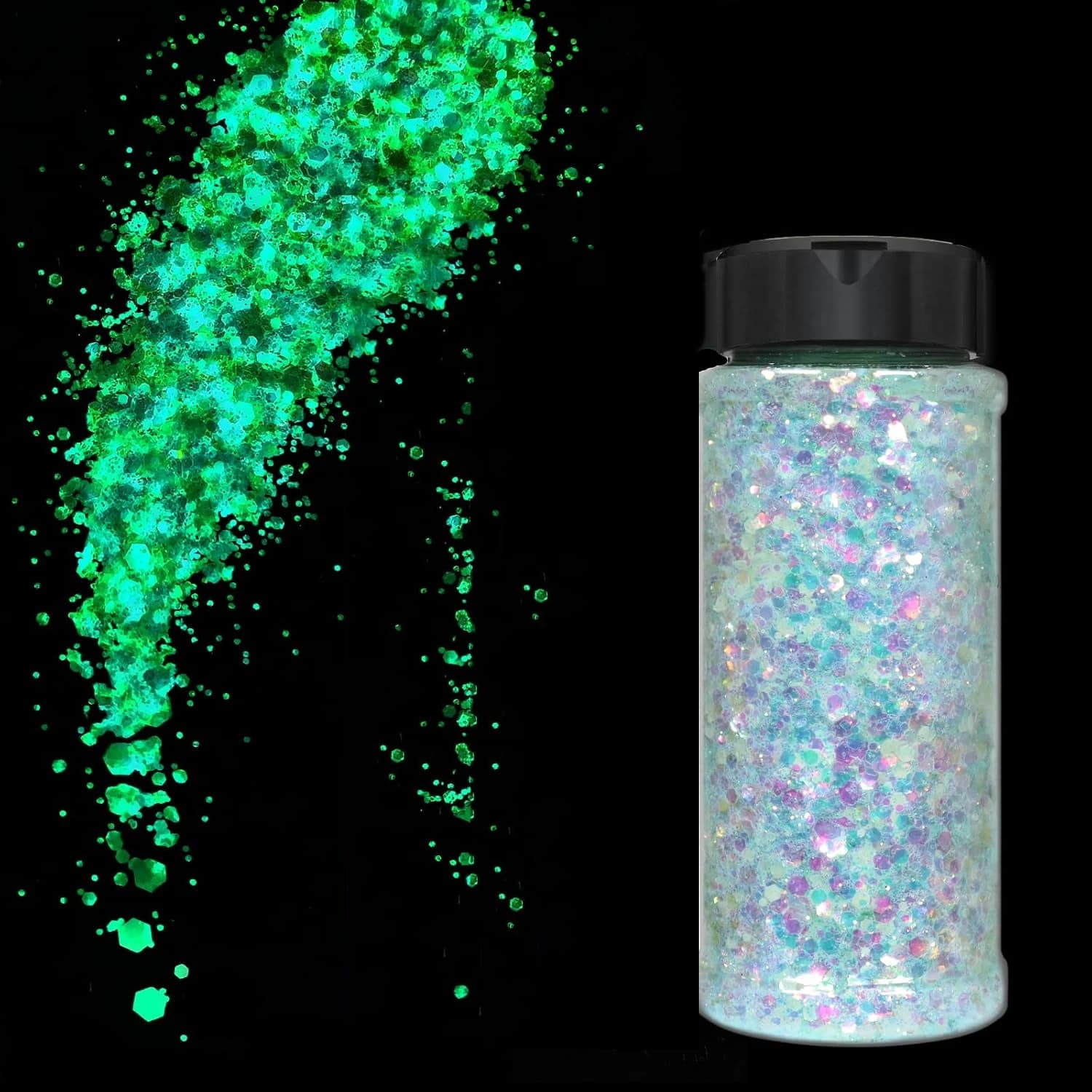 Glow in The Dark Glitter,1.76oz/50g White Luminous Chunky Glitter Mix Fine Powder Flakes Fluorescent Nail Sequins Festival Decor