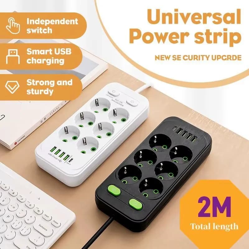 Prese CA con spina europea Presa multipla Cavo di prolunga da 2 M Ciabatta elettrica con adattatore per filtro di rete a ricarica rapida USB tipo C