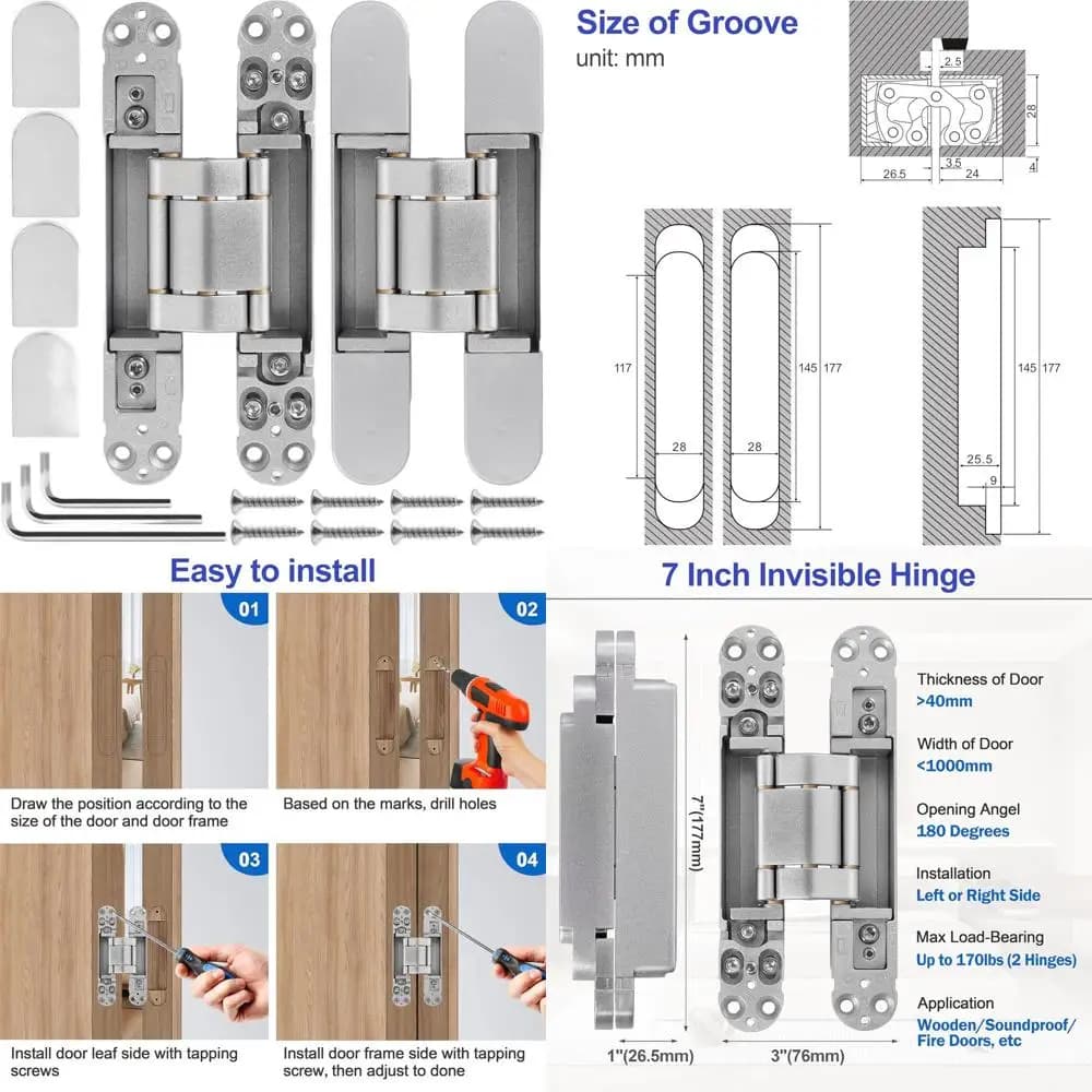7 Inch Stainless Steel Hidden Door Hinges - 180 ° swing, adjustable in 3 directions, durable