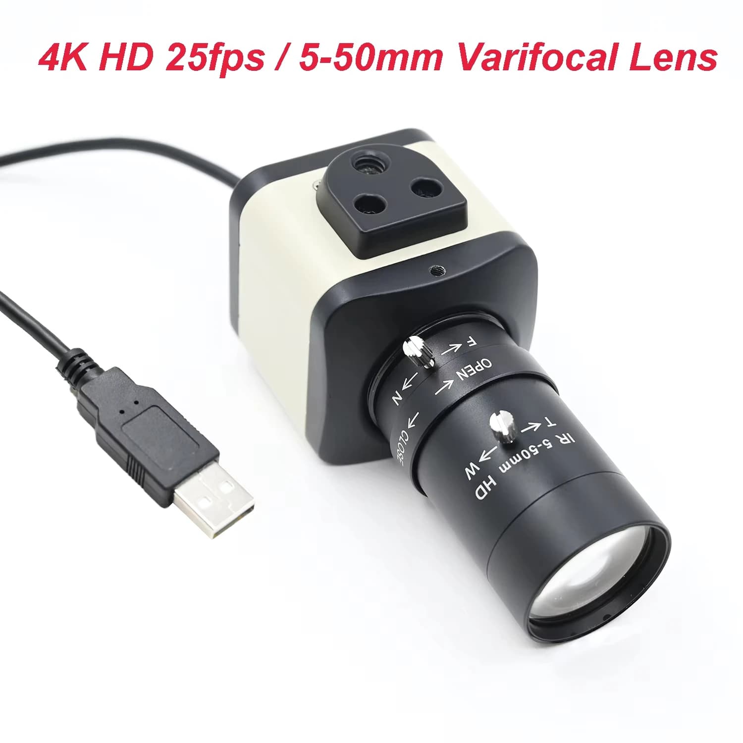 Camera USB webcam 4K 8MP HD, 3840x2160 25FPS IMX415, with CS varifocal lens 5-50mm 2.8-12mm, Plug And Play for document scanning.