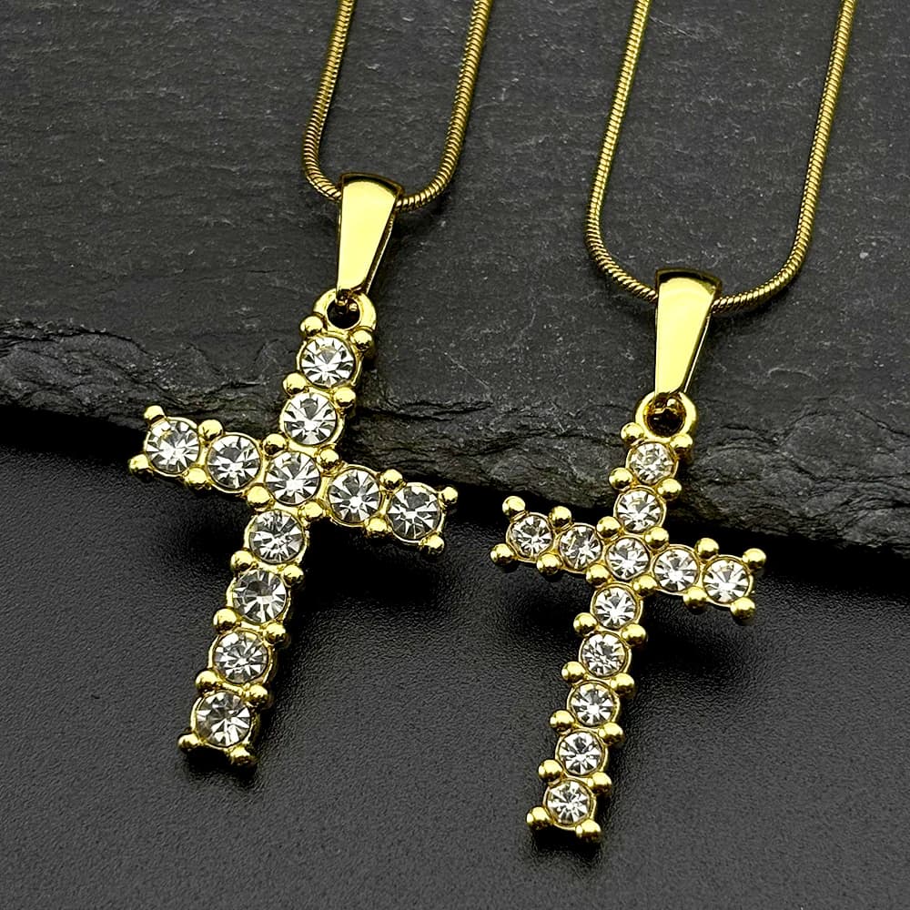 Full Rhinestones Catholic Jesus Cross Pendant Necklace for Women Men Stainless Steel Gold Color Christian Amulet Chain Jewelry