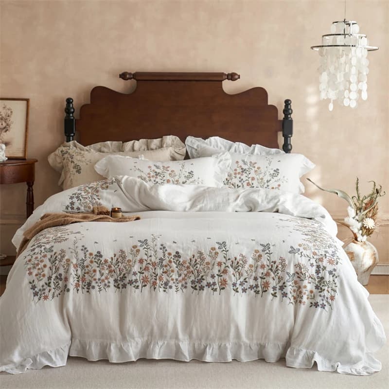 100% puro lino vintage fiori francesi ricamo volant set biancheria da letto copripiumino in lino naturale lenzuolo federe 4 pezzi