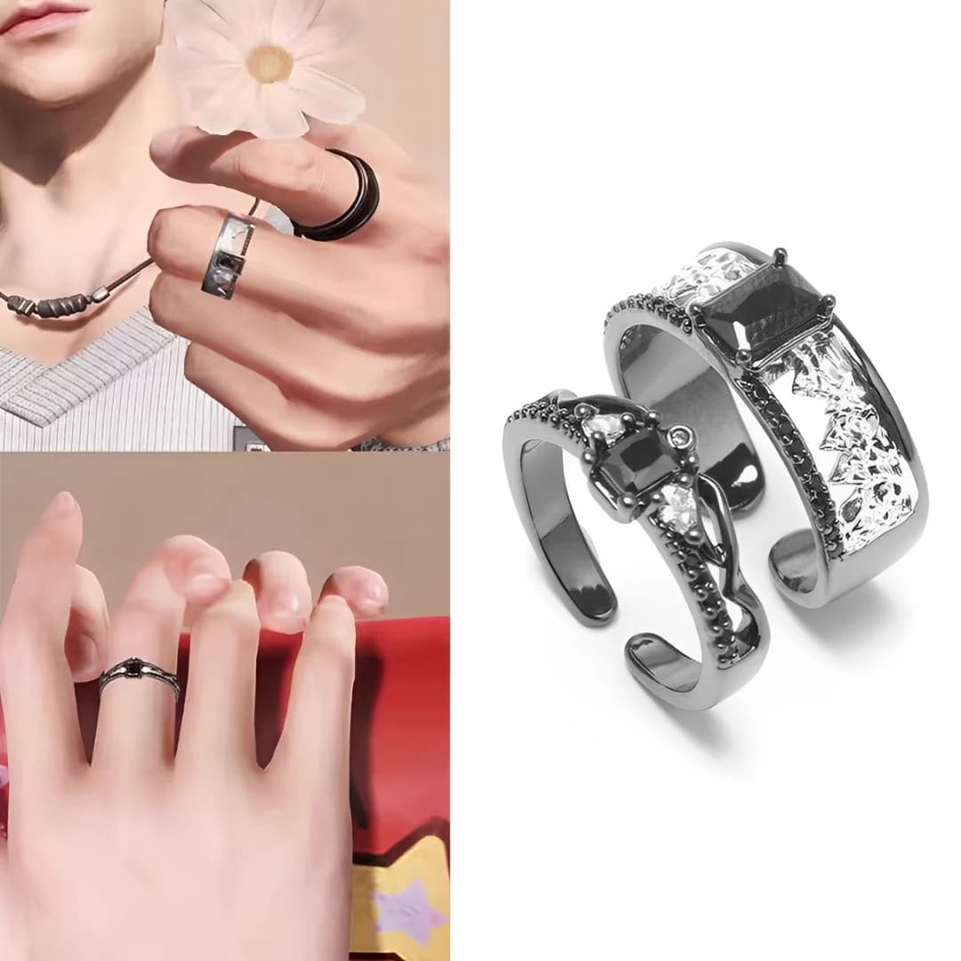 2 pezzi Anello da gioco Sylus Love and Deep Space Anelli per coppia in lega di strass neri Accessori per gioielli regolabili Regalo di compleanno