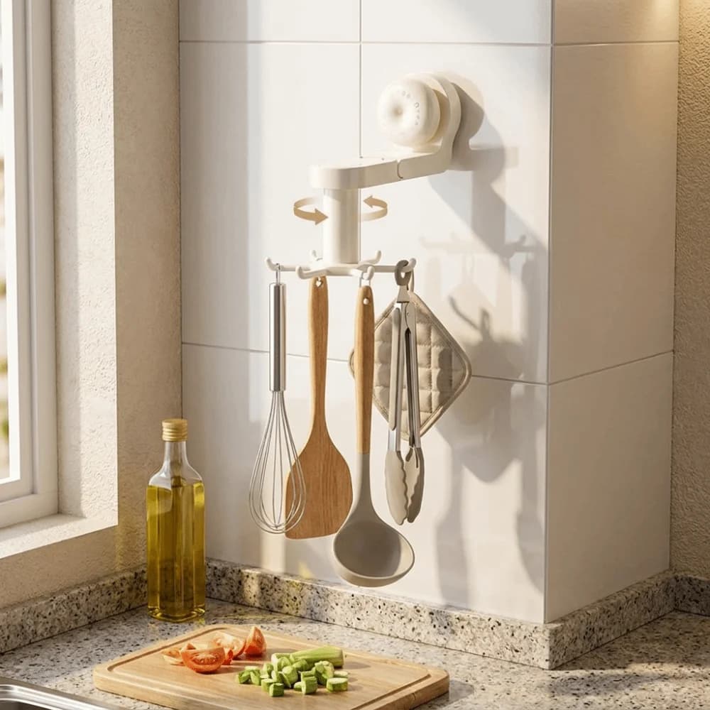 Rotatable Kitchen Rotating Hook Space-Saving Six-Claw Wall Mounted Storage Rack with Suction Cup Spatula Storage Rack Kitchen