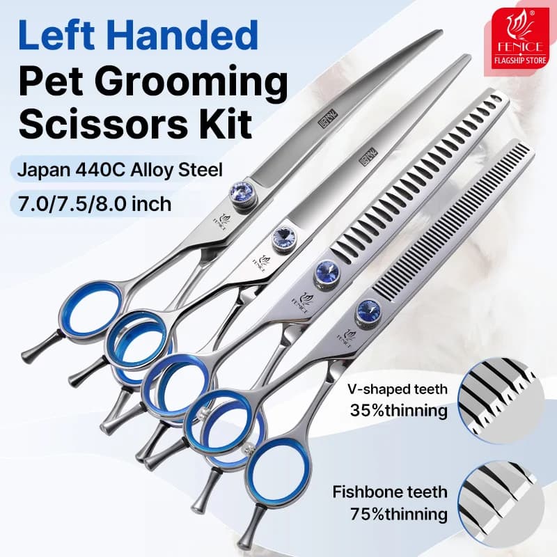 Fenice Mano Sinistra Professionale 7.0/7.5/8 Pollici JP440C Cesoie in Acciaio Set di Forbici per Unghie a Doppia Coda con Diamante Blu per la Toelettatura di cani da compagnia