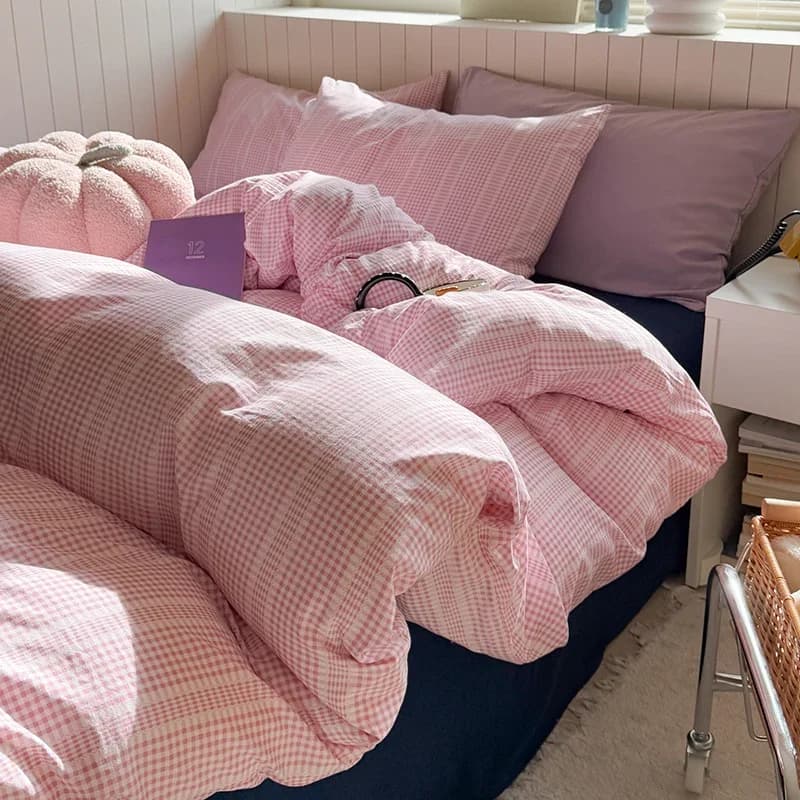 Korean Pink Grid Bedding Sets For Girls Flat Sheet Duvet Cover Set Pillowcase Bed Linen Queen Full Size Quilt Cover