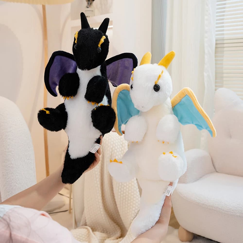 Peluche Drago Nero Cartone Animato con Ali Volanti, Divertente Drago Bianco Imbottito, Animali Magici Realistici, Bambole Morbide Drago, Regali di Compleanno
