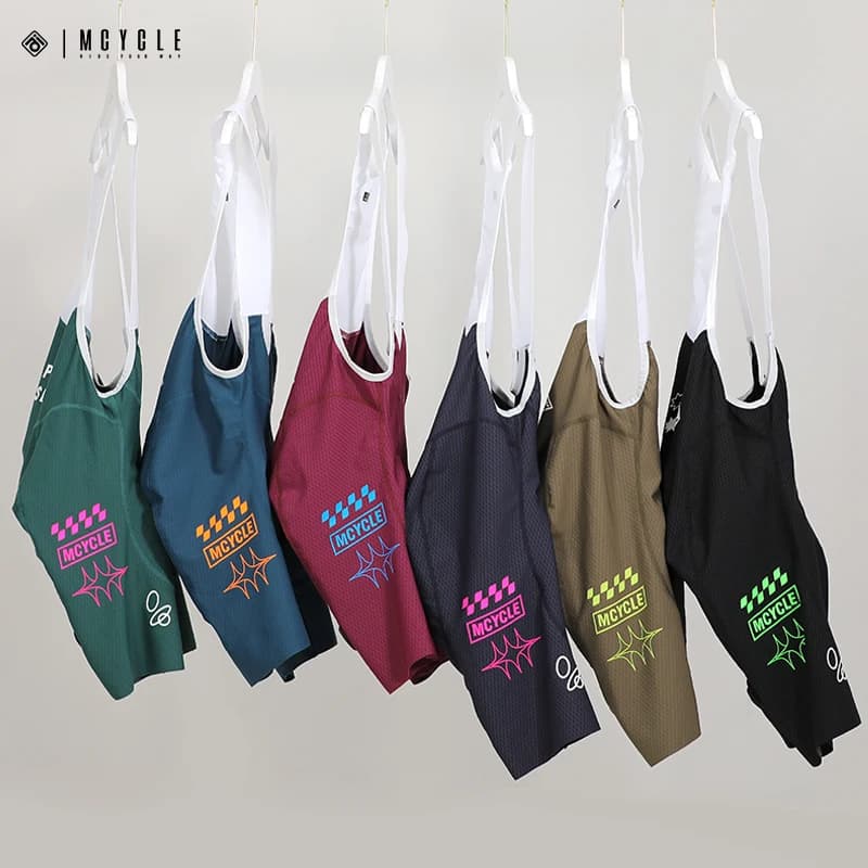 Mcycle Nuovo design Pantaloncini con bretelle da ciclismo Logo colorato Bavaglino da bicicletta Pantaloncini da bicicletta imbottiti traspiranti Bavaglino da ciclismo unisex a vita alta