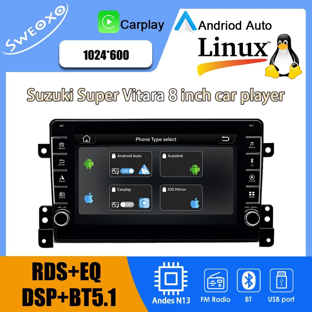 Autoradio 8 inch for Suzuki Super Vitara with Carplay, video player, Bluetooth, Auto Play, stereo audio, USB wireless and Android.
